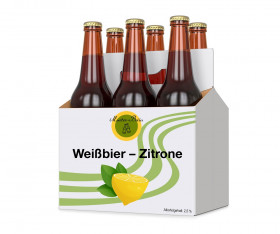 Anbieterneutrale Darstellung eines Six-Pack Bier mit der Aufschrift "Weißbier-Zitrone"