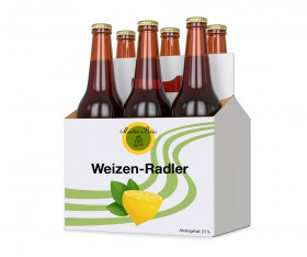 Anbieterneutrale Darstellung eines Six-Pack Bier mit der Aufschrift "Weizenradler"
