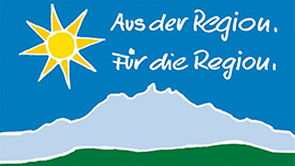 Beispiel für eine Werbung mit Heimat und Region: schematische Berge, Wiese und Sonne, Text: "Aus der Region. Für die Region."