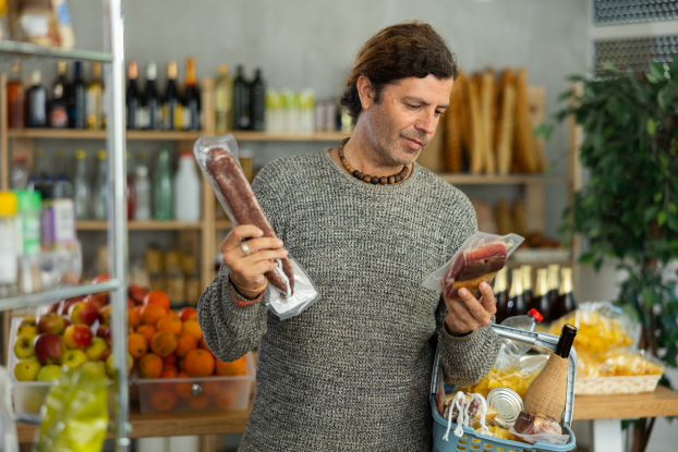 Mann vergleicht Produkte, die er in der Hand hält