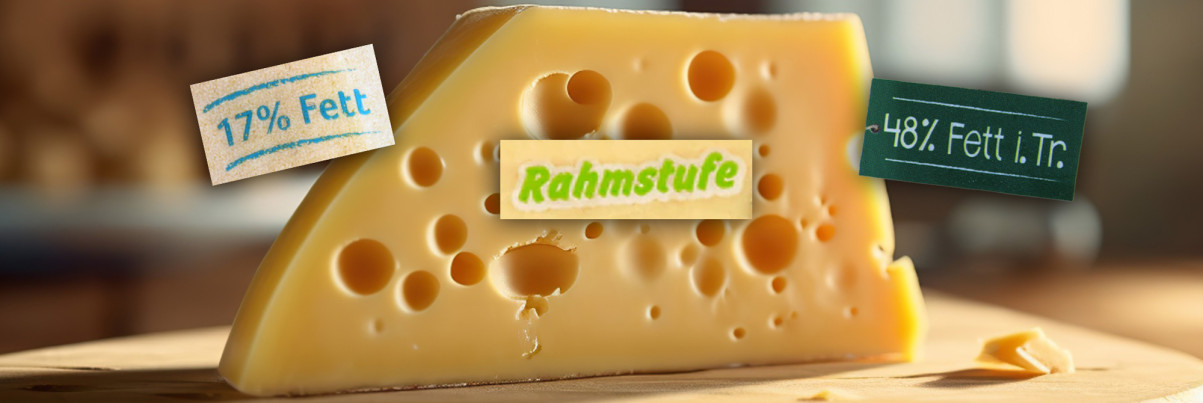 Käsestück mit unterschiedlichen Angaben zum Fettgehalt