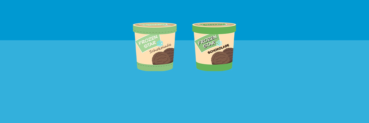 Zwei Illustierte Schokoladeneis Verpackungen mit geringer optischer Änderung. Text: Skimpflation - Wenn teure Zutaten durch billige ersetzt werden